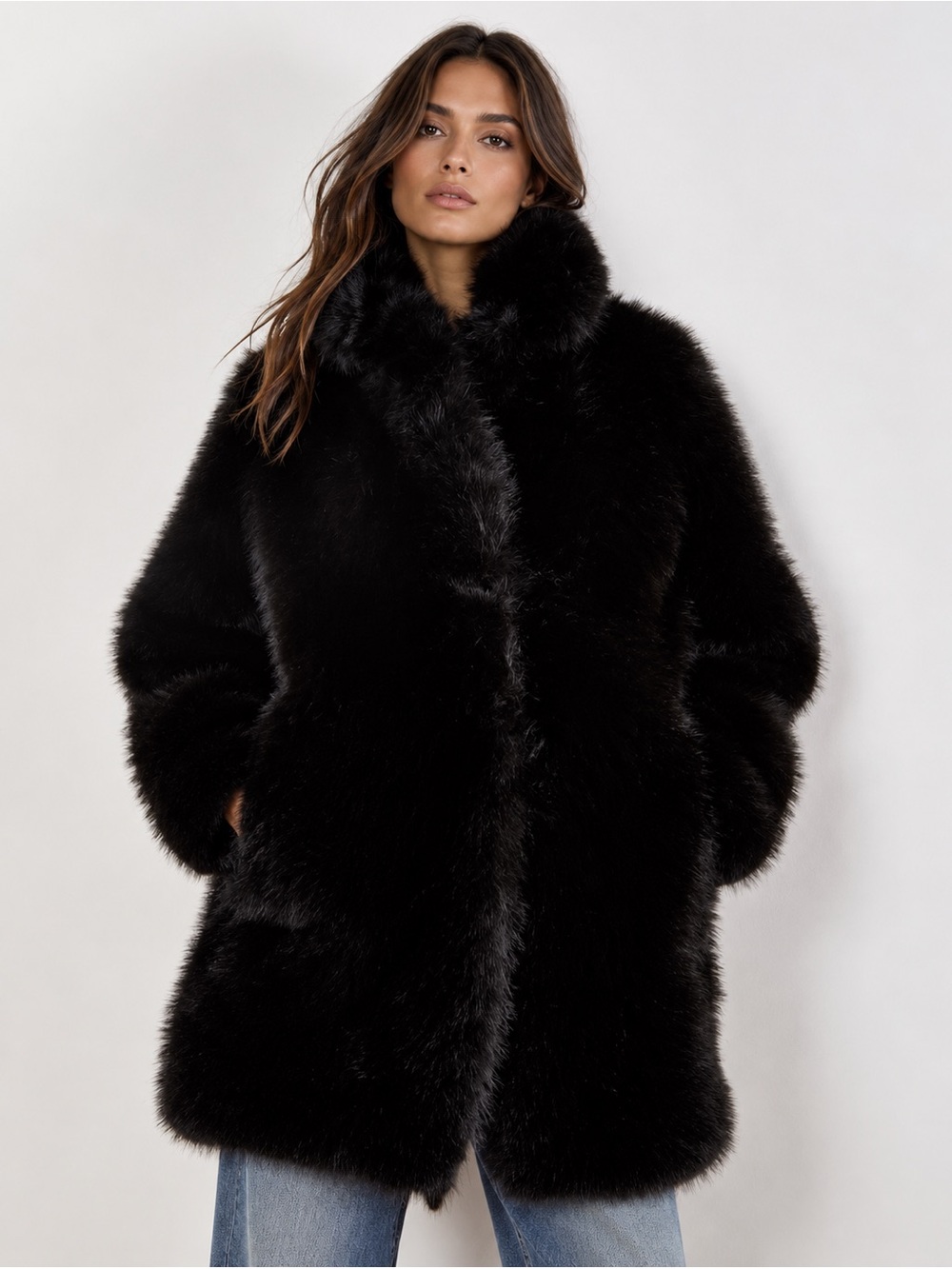 Apricot 🍑 - Black Longline Fur Collar Coat